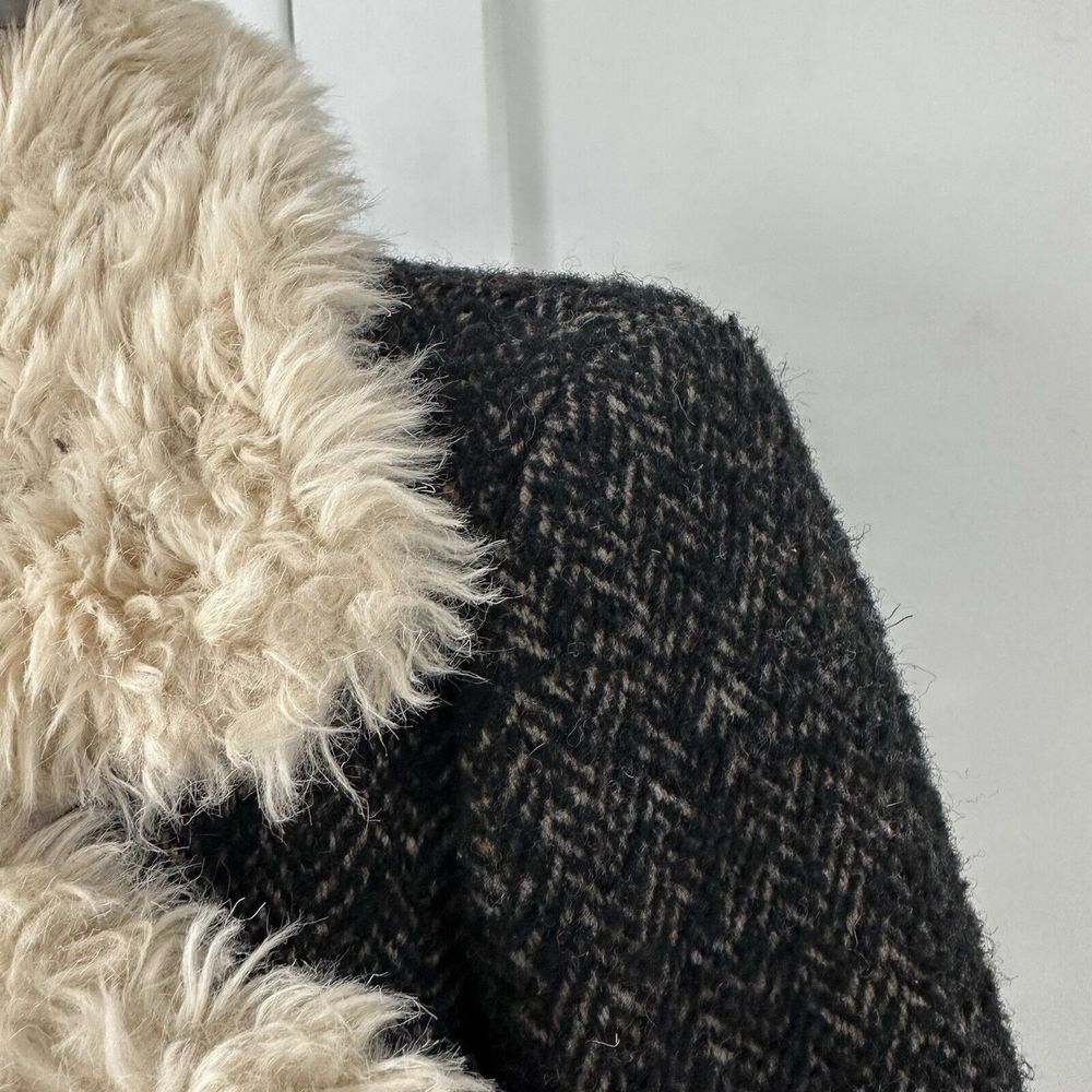 Zara Trafaluc Side Zip Shearling Wool Herringbone Tweed Moto Jacket Womens XS - Picture 10 of 10